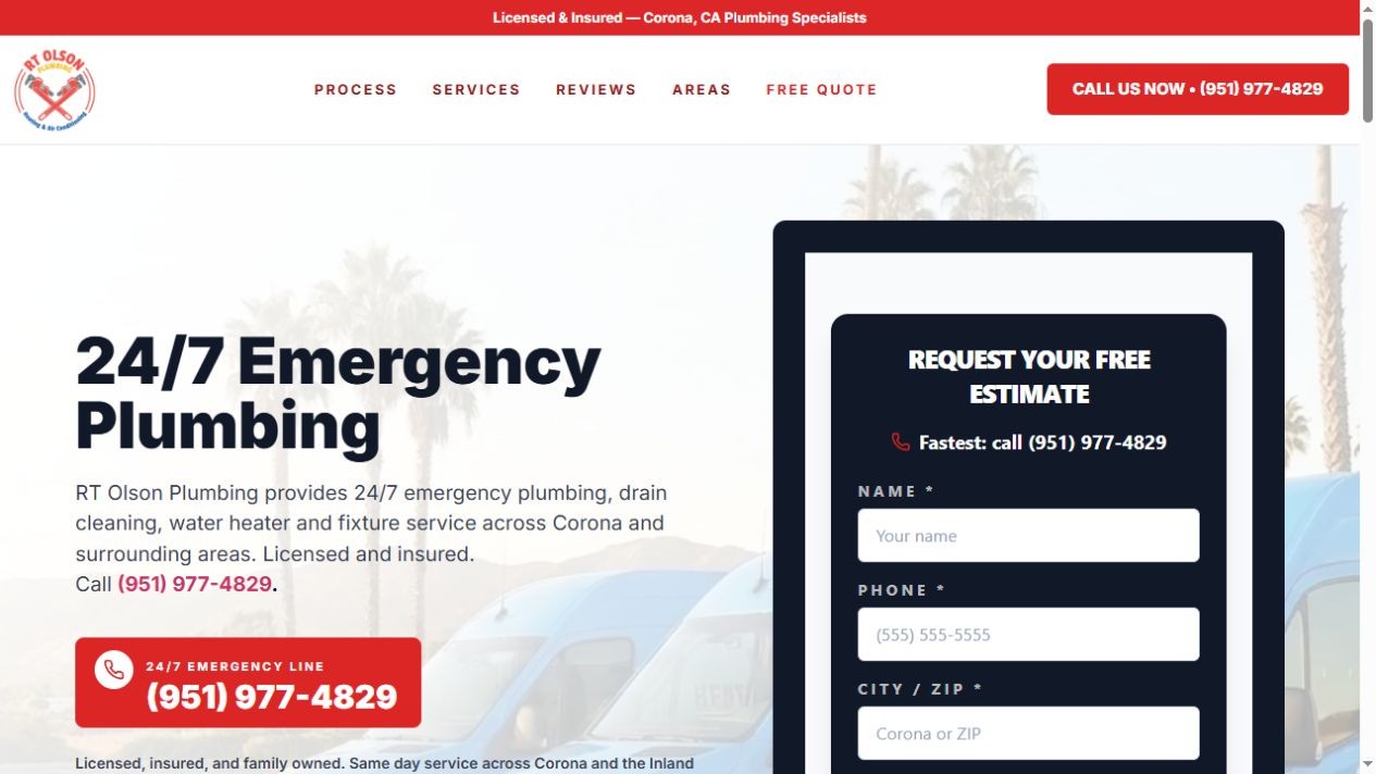 RT Olson Plumbing campaign landing page with call button and estimate form
