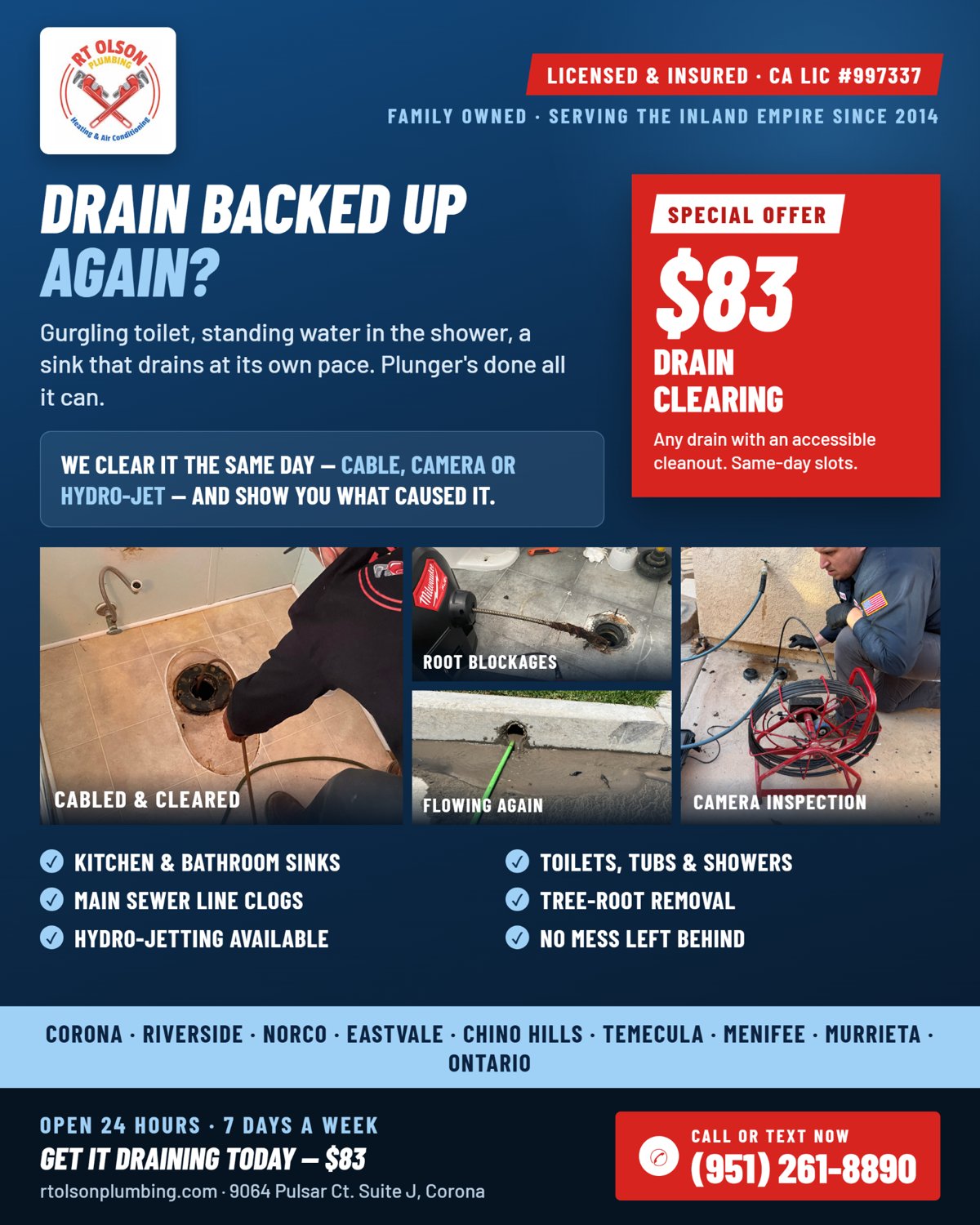 RT Olson Plumbing $83 drain clearing Meta ad